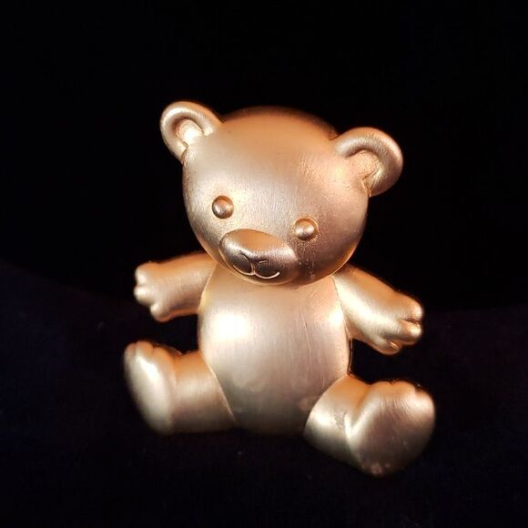 Vintage Jewelry - Vintage Signed Janette Jewelry Goldtone Teddy Bear Pin Brooch with Moving Head